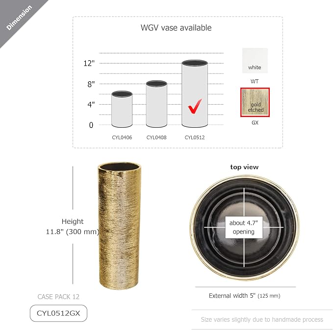 WGV Ceramic Cylinder Vase Width 5" Height 12" Elegant Unique Modern Matte Floral Container Planter Pot Centerpiece for Event Party Wedding Office Home Decor, Gold Textured 1 Piece