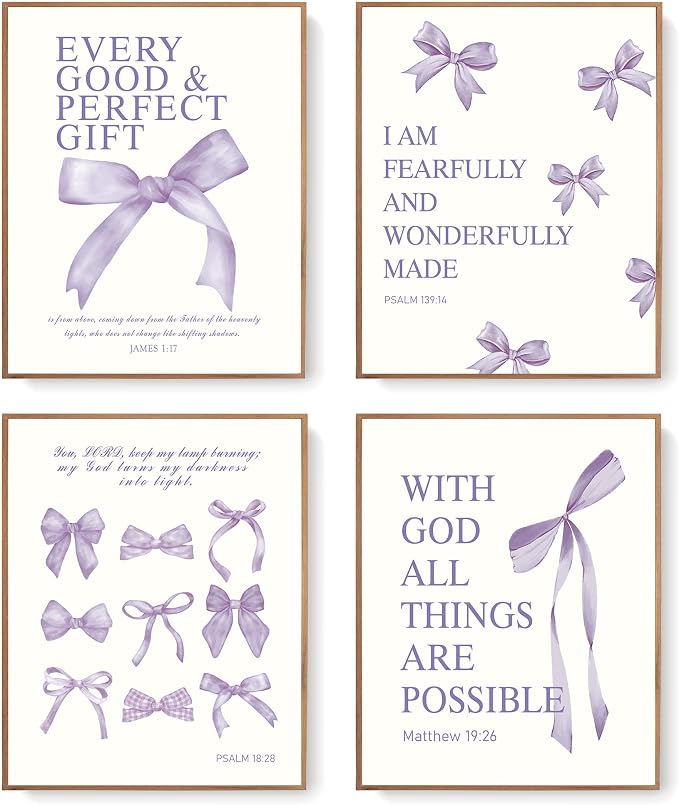 LARTSFRO Coquette Purple Bow Christian Wall Art Decor Posters, Purple Bow Room Bedroom Bathroom Dorm Wall Art Decor Aesthetic for College Teen Girls Gifts, Inspirational Bible Verses Bow Wall Decor, 10x8 Inch Set of 4 Pcs Bow Pictures (UNFRAMED)