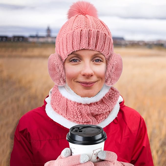 SATINIOR 5 Pcs Winter Hat Scarf Gloves Set Fleece Warm Lined Knit Beanie Hat Touch Screen Earmuff Gloves Warmer for Women(Pink,Classic Style)