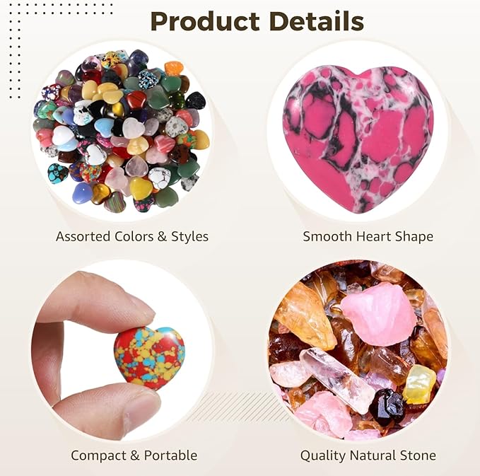 120 PCS Heart-Shaped Natural Stones, 0.8 in Crystal Stones Bulk, Assorted Gemstone Worry Rocks for Yoga Meditation, Pocket Carry, Jewelry DIY, Chakra Balancing, Wedding or Home Decor