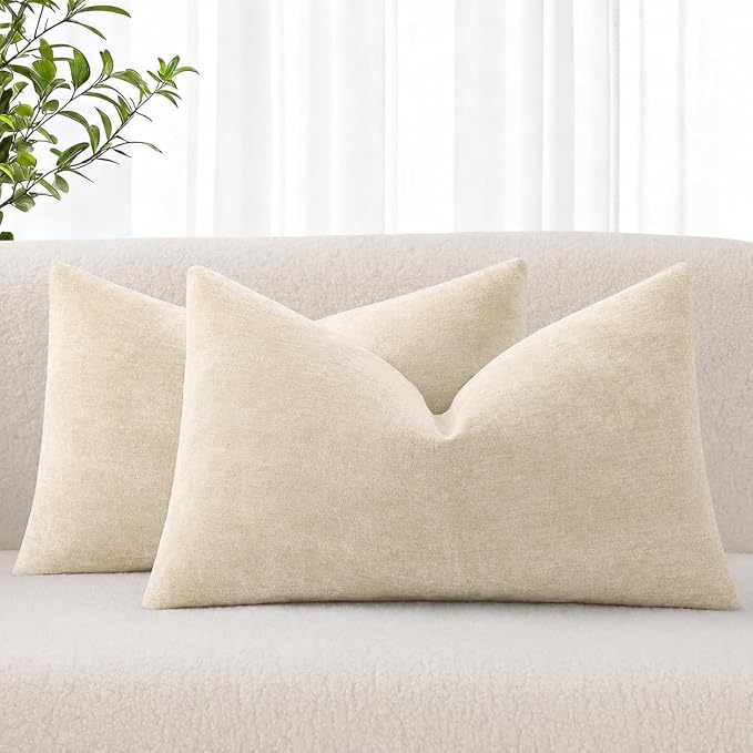 decorUhome Soft Chenille Beige Throw Pillow Covers 12X20 Set of 2 | Decorative Fall Couch Pillow Covers Solid Dyed Accent Modern Farmhouse Neutral Rectangle Pillow Cases for Sofa
