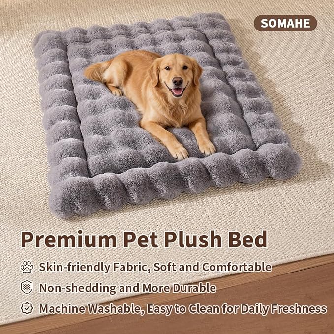 SOMAHE Plush Dog Bed Mat, Machine Washable, Large 35x27 Dark Grey | Machine Washable + Non-Slip Paw Bottom: plush dog mat stays fluffy and helps reduce sliding on indoor floors.