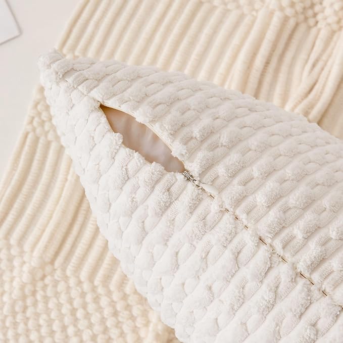 Kevin Textile Soft Corduroy 12"x24" Lumbar Pillow Cover 1 Pack, Pure White | Boho Stripe Plush Corduroy Decorative Oblong Cushion Cover Modern Farmhouse Home Decor for Sofa Couch Bed Chair