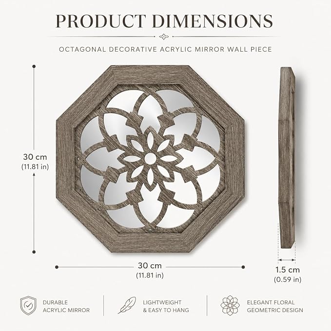 2 Pack 12 Inch Octagon Brown Rustic Wood Frame Acrylic Wall Mirrors, Farmhouse Boho Wall Art Decor for Living Room, Bedroom, Hallway, Entryway, Bathroom & Office