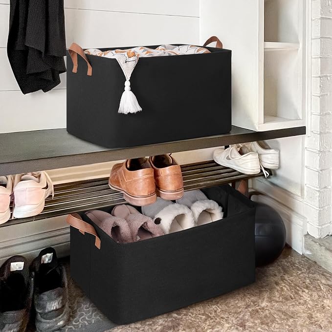 CHICVITA 45L Extra Large Fabric Storage Bins, Metal Frame, 2-Pack, Black | 19" L x 13" W x 11" H, Collapsible Design, Nursery, Living Room & Closet Organization, Toys, Clothes & Blankets Storage