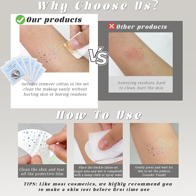 6 pcs Holographic Glitter Freckles Face Tattoo, Waterproof Sparkle Body Glitter Speckles Patches for Women, Cute Star Glitter Stickers Temporary Tattoo Makeup Accessories for Festival Rave