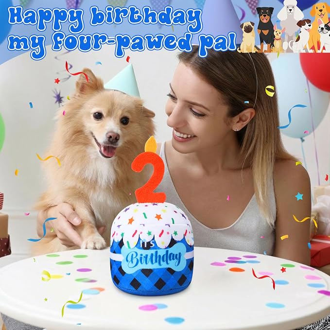 Dansydaisy Dog Birthday Cake Toy Squeaky Plush Gift,2nd,Blue Grid