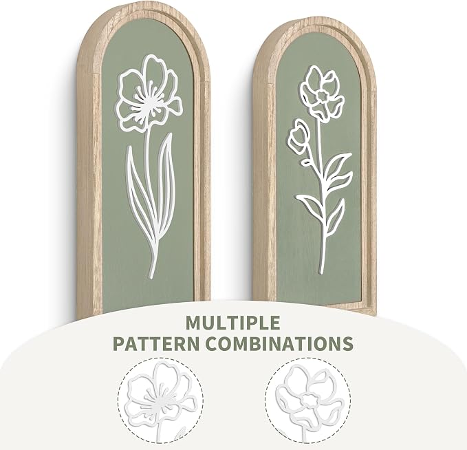 Sage Green 3D Wooden Floral Wall Art Set of 2, Arched Bathroom Wall Decor | Raised white floral cutouts in arched wood frames; ready-to-hang boho botanical decor for bedrooms, hallways and entryways