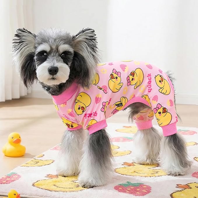 XPUDAC 4 Pack Dog Pajamas Pink Dog Clothes for Small Dogs Outfit, XL | Stretchy, Soft, Breathable, Leopard Duck Pattern, Sleepwear, Gentle on Skin, Dog Recovery Suit, Shedding Suit, All Seasons