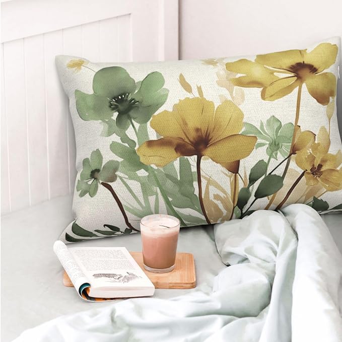 Floral Pillow Covers 12x20 Inch Set of 2 Sage Green Yellow Floral Throw Pillow Cover Outdoor Modern Spring Summer Flower Decor Pillowcase Farmhouse Decorative Lumbar Cushion Cover for Home Sofa
