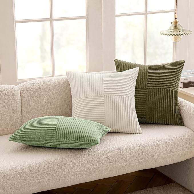 MIULEE Sage Green Decorative Throw Pillow Covers for Couch 18x18 Inch | 2 Pack, Boho Farmhouse Pillow Covers, Soft Cross Corduroy Patchwork Textured Cushion Cases For Bed Sofa