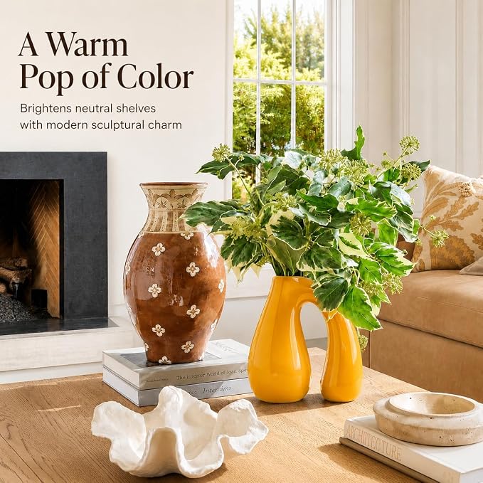 Yellow Ceramic Vase for Pampas, Boho Shelf & Table Decor | Holds Dried Stems and Faux Florals - Sculptural Accent for Mantel, Console and Entryway