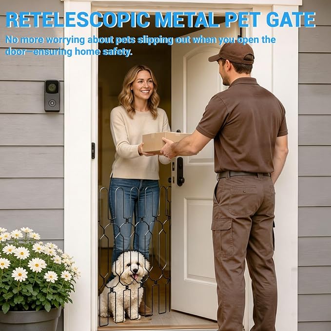 Retractable Metal Dog Gate for Front Door, Bite-Proof Pet Door Barrier, Foldable Space-Saving Wall-Mounted for Small and Medium-Sized Dogs, Easy Install Dog Gate, Indoor/Outdoor (W: 35.5in H: 31in)