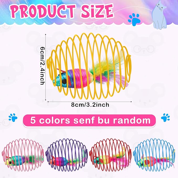 Jecery 5 Pcs Cat Toys Spring,Mouse, Rainbow Color