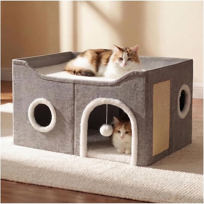 Eolahalcy Cat Beds for Indoor Cats - Large Cat Cave for Pet Cat House with Fluffy Ball Hanging and Scratch Pad, Foldable Cat Houses for Large Indoor Cats,Cat Hideaway, 23.8x15.9x13.2 inches, Grey