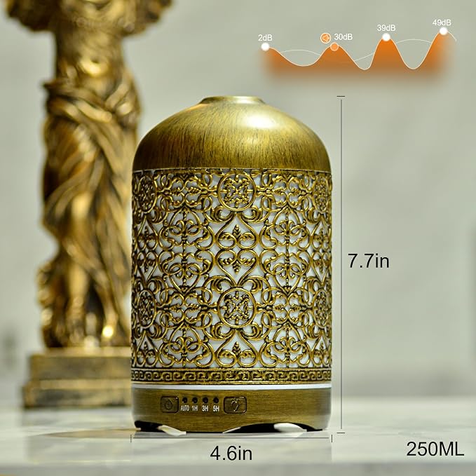 250ML Essential Oil Aromatherapy Diffuser for Home Bedroom Office Metal Hollow Decorative Room Ultrasonic Air Scent Mist Aroma Diffuser -Gold