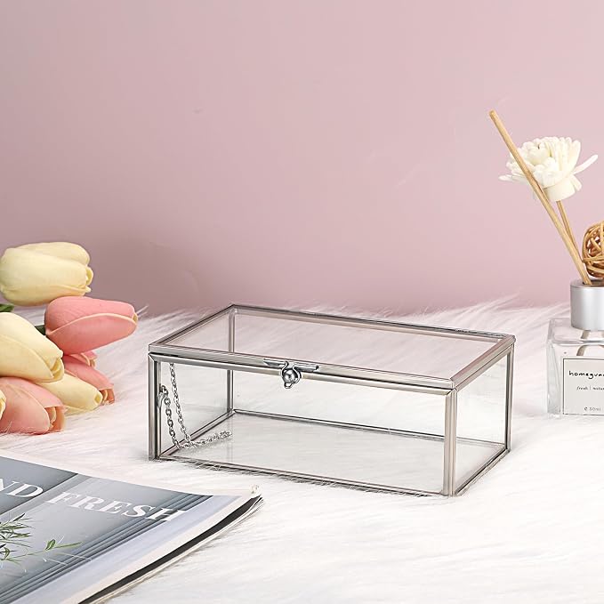 Hipiwe Vintage Glass Keepsake Box Small Jewelry Display Case Lidded Box | Home Decor Accent Decorative Glass Box Organizer for Storage Trinket Rings Bracelet, Silver