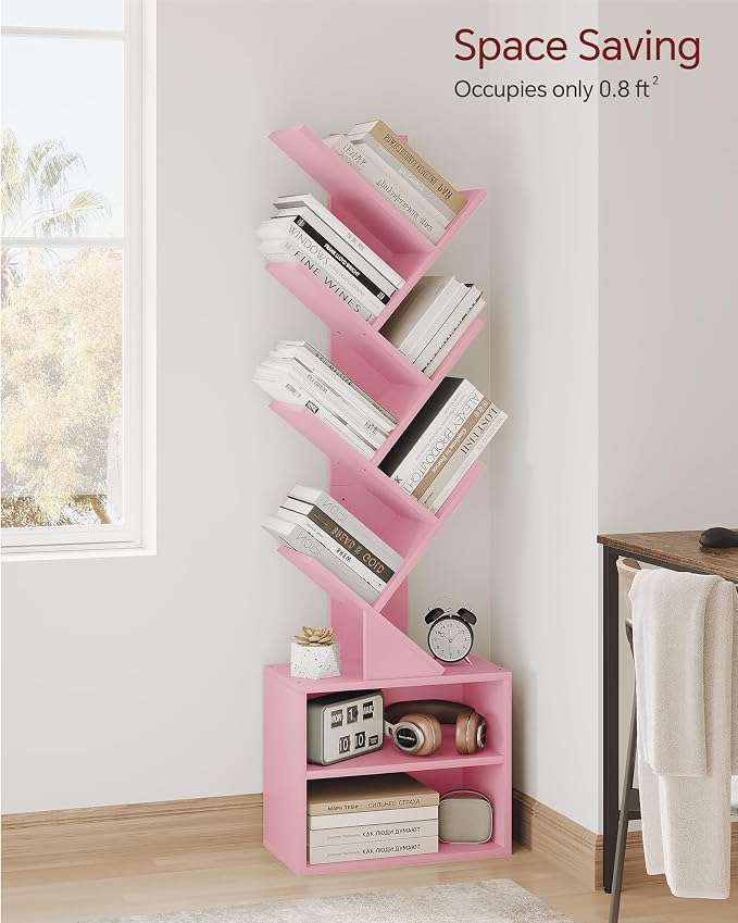 SUNMORY 6 Tier Tree Bookshelf, Tall Small Bookcase with Storage Cabinet | Modern Narrow Bookshelves Organizer, Floor Standing Book Case Shelf for Bedroom Living Room Home Office Corner, Pink