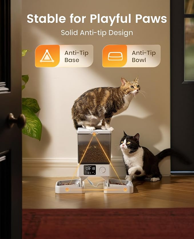 oneisall Automatic Cat Feeder for 2 Cats Pets, Timed Cat Food Dispenser | 20 Cups/5L, Prevent Fighting, Precise Portion, Balanced Dispense, Non-Slip & Stable, Voice Recorder, Stainless Steel Bowls