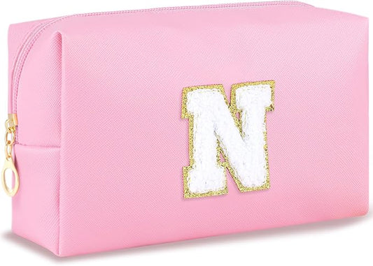 URSKYTOUS Initial Makeup Bag Personalized Preppy Travel Small Cosmetic Bag Cute PU Pink Chenille Letter Makeup Pouch for Purse Waterproof Zippered Toiletry Organizer for Women Girls Kids Friends (N)