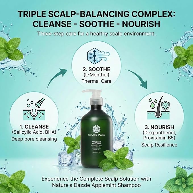 Nature’s Dazzle Applemint Cool Relief Shampoo - Clarifying Tea Tree & Peppermint for Oily Scalp - Sulfate Free Volumizing Formula with Salicylic Acid & Herbal Extracts - K-Beauty, 16.9 fl oz