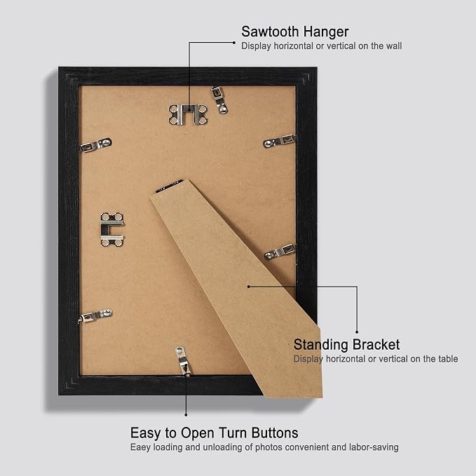 Hongkee 9x12 Picture Frame Set of 4, Made of Glass and Rustic Black Wooden Frame - Display Picture 6x8 with Mat or 9 x 12 Without Mat, 9 by 12 Photo for Wall or Tabletop