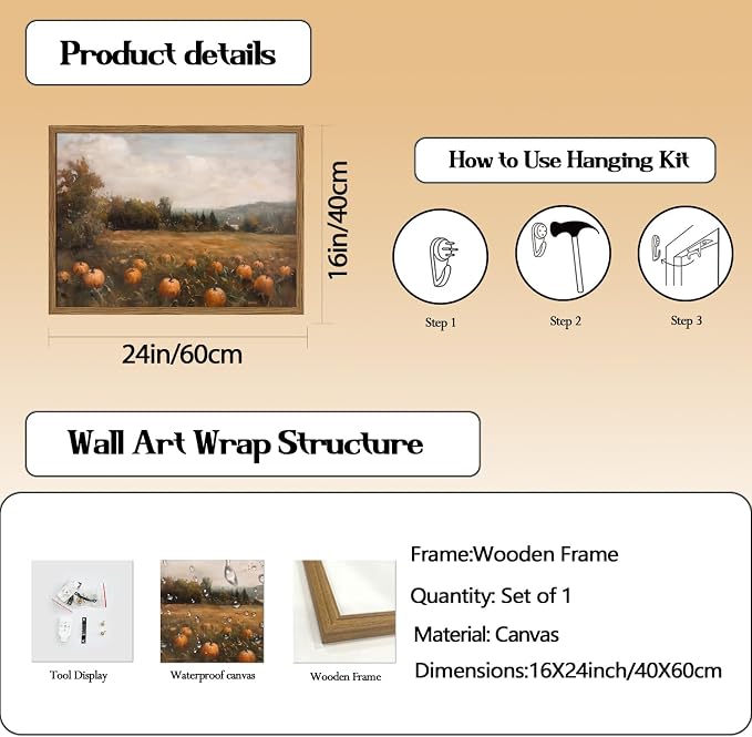 Framed Vintage Pumpkin Wall Art, Farmhouse Pumpkin Field Pictures Wall Decor, Rustic Harvest Landscape Paintings Canvas Prints Country Fall Home Decor for Living Room Kitchen 16×24 inch
