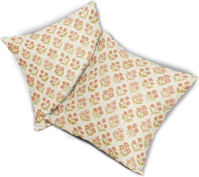 Orange Yellow Floral Pillow Covers 22x22 Inch Set of 2, Vintage Flower Block Decorative Throw Pillowcases Outdoor Farmhouse Cushion Covers Spring Summer Rustic Decoration Sofa Couch Bed Decor
