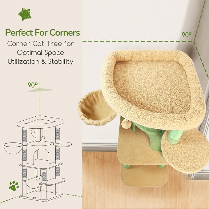 Globlazer Cactus Corner Cat Tree Tower with Scratching Post, C51, Green | 51in Space-Saving Multi-Level Green Cat Condo for Indoor Cats with Hammock, Large Top Perch for Large Cats, Cozy Cat Cave