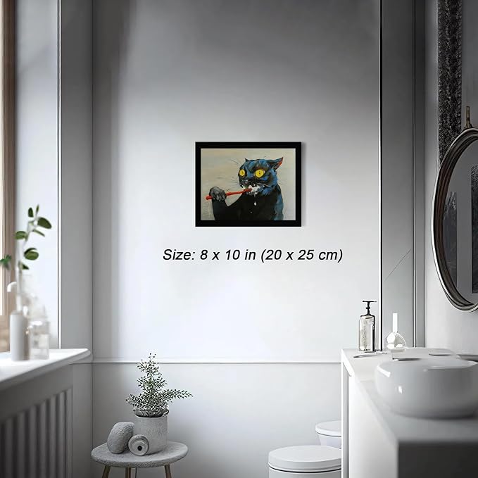 ICHZUMW Framed Funny Black Cat Bathroom Decor Canvas Wall Art, 8x10 Inches | Quirky Black Cat Brushing Teeth Painting, Humorous Bathroom Wall Decor, Restroom Powder Room, Fade Resistant, Ready to Hang
