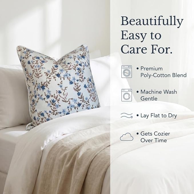 “The Lily” Floral Block Print Pillow Cover – Soft Blue and White Decorative Throw Pillow Cover – Grandmillennial Home Decor, 20" x 20"