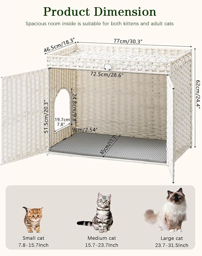 SETVSON Cat Litter Box Enclosure Furniture, Handwoven PE Rattan, White | Large Double-Door PE Rattan Kitty House, Fits Large Covered Litter Boxes, 2 Litter Mats, 2 S-Hooks, Metal Frame