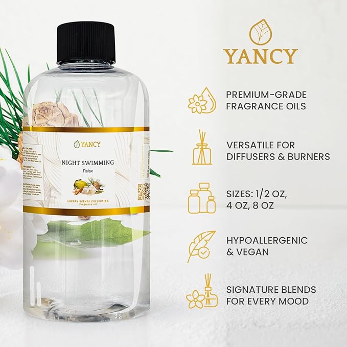 YANCY Night Swimming Luxury Collection Fragrance Oil (4 oz), Fresh Marine and Floral Scent, Soothing Aroma for Diffusers, Oil Burners & Aroma Lamps, Ideal for Nighttime Relaxation