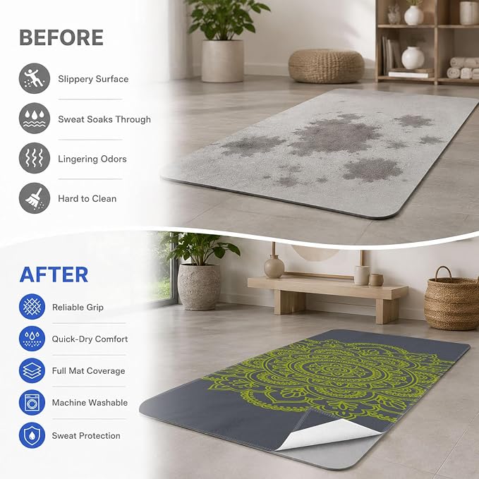 Yoga Mat Towel, Hot Yoga Non Slip with 4 Corner Pockets, 74 x 26 in | Soft Absorbent Microfiber With Four Corner Pockets, Fits Over Yoga Mats For Hot Yoga, Pilates, Gym, And Travel