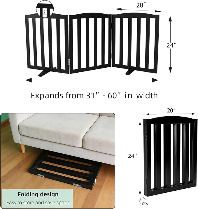 ZJSF Foldable Freestanding Indoor Dog Gate for House Wood Long Pet Gates Dog Fence for Stairs Puppy Gates for Hallways, Puppy Gate,Support Feet Included, Black, 24 "Height-3 Panels
