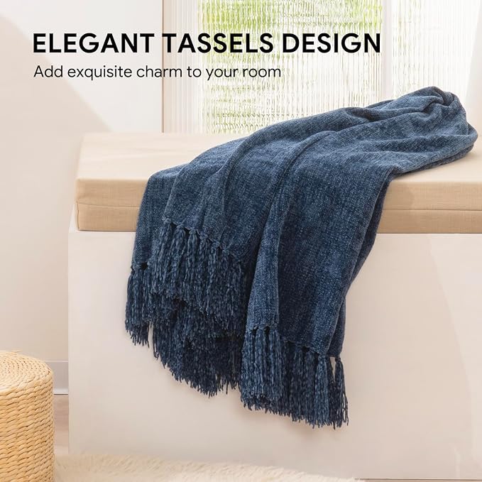 RECYCO Chenille Throw Blanket for Couch, 60"x80", Blue | Super Soft Knit Throw Blanket with Fringe Tassels, Lightweight Knitted Throw, Cozy, Ideal for Sofa Chair Bed Living Room Gift