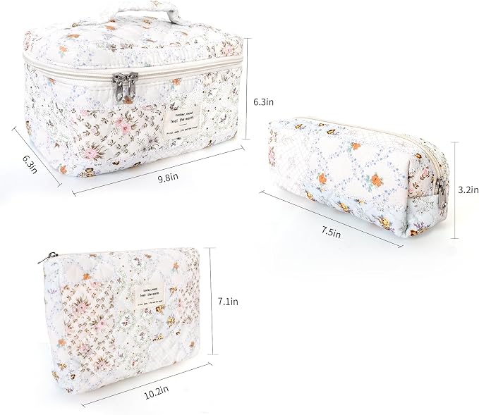 GISMTR 3Pcs Cotton Quilted Makeup Bag Large Travel Cosmetic Bag Coquette Makeup Pouch Cute Aesthetic Floral Toiletry Bag for Women Girls (flower-U)