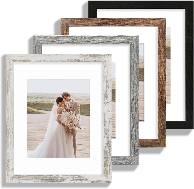 Hongkee 11x14 Picture Frame Set of 4, Made of Glass and Multicolour Wooden Frame, Display 8x10 Pictures with Mat or 11 x 14 Posters without Mat for Wall Mounting, Gallery Photo Frames