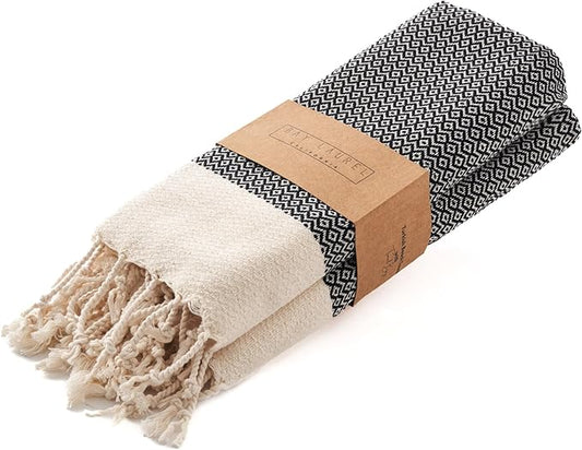 BAY LAUREL Turkish Hand Towel – Pack of 2 | Soft & Absorbent Decorative Towels for Bathroom, Hand, Face, Hair, Gym, Yoga, SPA, Kitchen & Tea | Boho Decor (Black, Diamond 16x40 Inches (Set of 2)