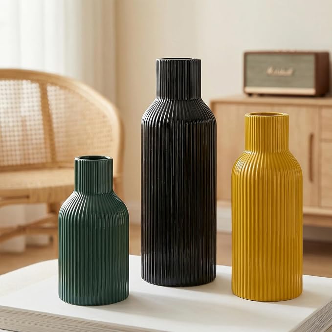 Colorful Ceramic Vases Set of 3,Smooth Vertical Ribbed, Minimalist for Pampas Dried & Fresh Flowers, Centerpiece for Living Room, Shelf, Entryway, Wedding (Black, Deep Green,Yellow)