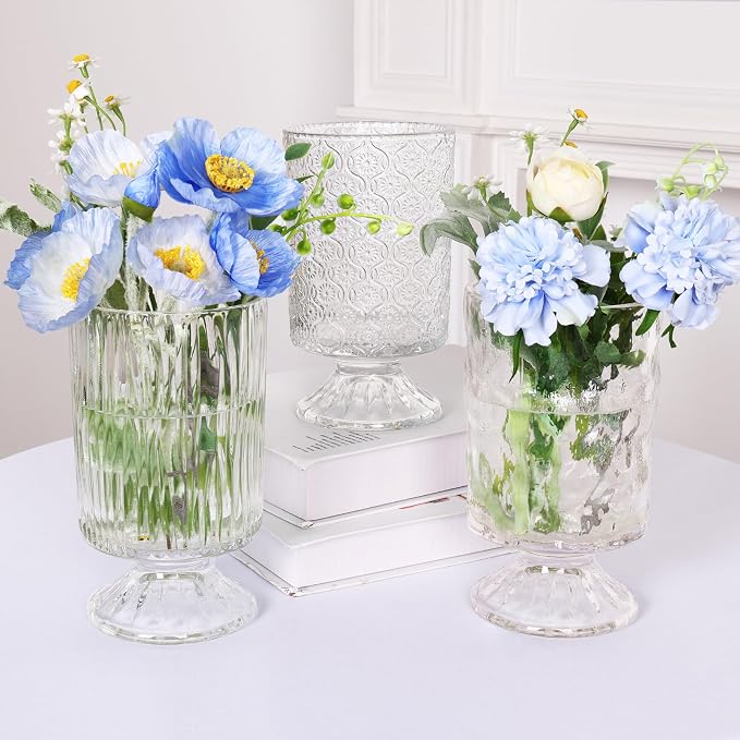 Fixwal 3pcs Vintage Glass Vases, Clear Vases for Wedding Home Decoration | Embossed Base Vases for Wedding Decoration (H:7" D:4"), Ribbed Glass Containers for Home Decor