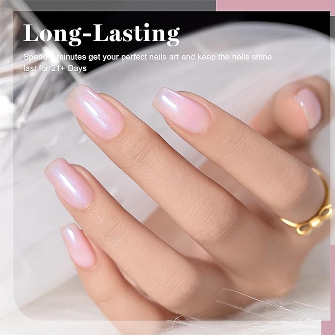 RARJSM Nude Pink Gel Nail Polish with Blue Pearl Shell Glitter Clear Sheer Light Purple Pink Shimmer Gel Polish 15ml UV LED Soak Off Transparent Skin Color Home Salon French Manicure Curing Requires