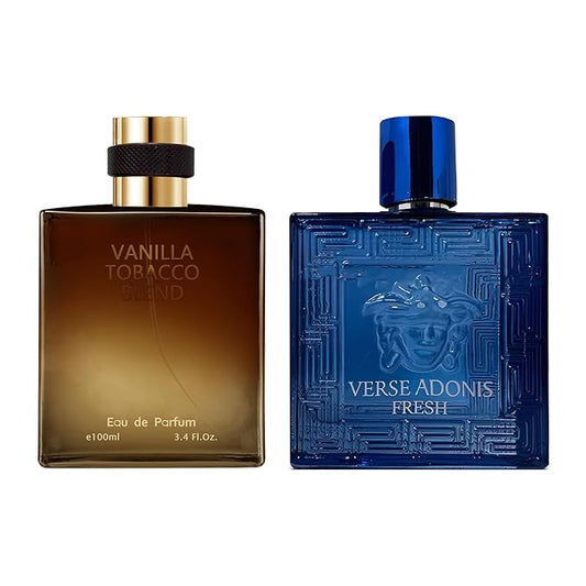 AFLUXE 2PCS Mens Perfume Cologne Long Last Strong EDP Natural Spray Gift Set, with Cocoa, Dried Fruits, Woody Fragrance for Daliy Use, 3.4 Fl Oz / 100 mL Each (Verse Adonis Fresh & Vanilla Tobacco)