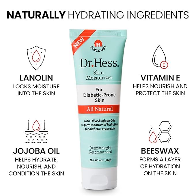 Dr. Hess Skin Moisturizer For Diabetic Prone Skin, Diabetic Skin Relief Moisturizing Body Lotion with Lanolin, Beeswax, Jojoba Oil & Olive Oil, Skin Moisturizer for Dry, 4oz - 3 Pack