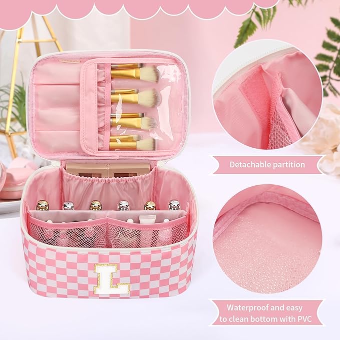 OCHEAL Makeup Bag Valentines Day Gifts for Women, Monogram Cosmetic Bag Pink Travel Makeup Case Beauty Toiletry Bag Organizer Personalized Gifts for Girls Bridesmaid, Sister, Wife, Friends Initial L