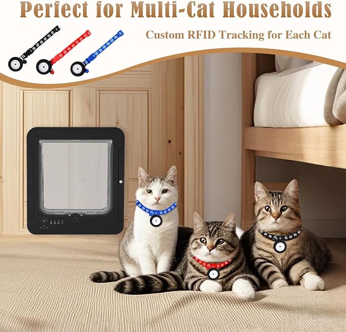 Smart Cat Door for Interior & Exterior, Flap Opening is 7.67’’ (H) by 7'' (W), RFID Cat Pet Door with 3 RFID Collar Sensor Keys & 1 Remote & 4 Way Locking Cat Flap, Automatic Opening Cat Door (Black)