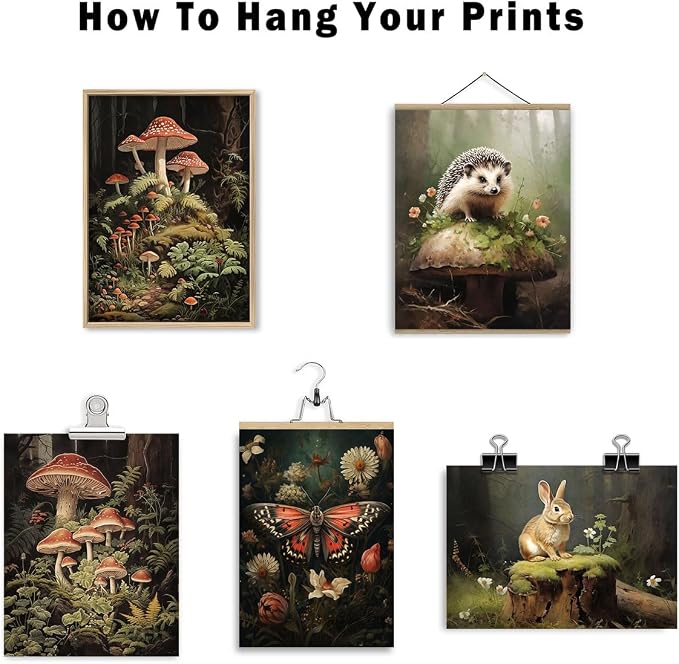 ANERZA 16 PCS Dark Cottagecore Wall Art Decor, Cottage Core Gallery Wall Prints for Bedroom, Fairycore Posters for Living Room Aesthetic, Nature Forest Mushroom Collage Kit, Whimsical Dorm Home Decor