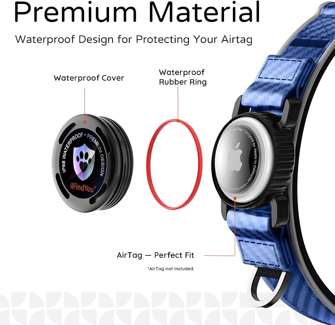 Leather AirTag Dog Collar, Magnetic Buckle, Reflective, C-Blue L