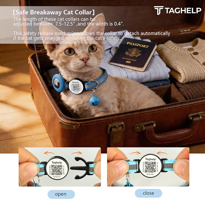 Reflective AirTag Cat Collar, Integrated Cat Collar with Air Tag Holder and Bell, Breakaway with QR Code Name Tag,Safety Elastic Band Cat Collars for Girl Boy Cats, Kittens and Puppies (Blue)
