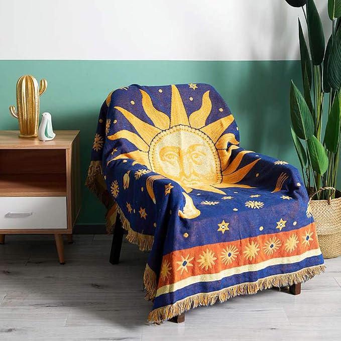 Erke Celestial Moon Sun Blanket Vintage 90s Decor Chair Whimsy Hippie Throw | Sofa Couch Furniture Aesthetic Witchy Recliner Cover, Bed Spread, Hippie Room Decor, Double Sided Woven